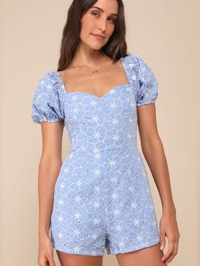 Lulu's Summer Charm Blue Floral Eyelet Embroidered Puff Sleeve Romper Preppy XL